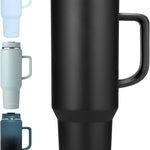 40 oz Tumbler with Handle, Insulated Tumblers with Lid and Straw, Large Metal Sports Water Bottle Jug, Thermal Stainless Steel Travel Coffee Mug Cup, Black