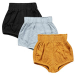 3PC Shorts Set Newborn Baby Girls Boys PP Pants Cotton Linen Blend Cute Floral Bloomer Triangle Shorts (D Black+Blue+Yellow, 0-6 Months)