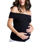 Motherhood Maternity Women’s Off-The-Shoulder Rib Knit Pregnancy Top, Black, Medium