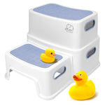 Forbena Kids Step Stool for Bathroom, Two Stepping Stool for Toddlers Toilet Potty Training, Sturdy Children Plastic Step Stool for Bed Bathroom Kitchen Counter Sink (White-Blue)