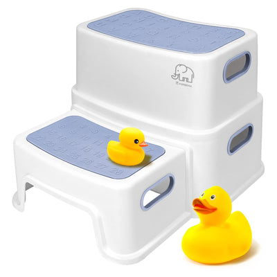 Forbena Kids Step Stool for Bathroom, Two Stepping Stool for Toddlers Toilet Potty Training, Sturdy Children Plastic Step Stool for Bed Bathroom Kitchen Counter Sink (White-Blue)