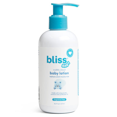 Bliss baby lotion bottle with blue pump on a white background