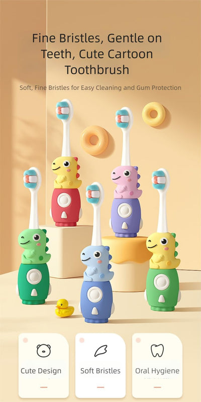 SHEWOQISU 3-Pack Children's Dinosaur Toothbrush for 0-6 Years, Ultra-Soft Bristles