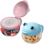 BeneLabel 2 Pack 12.3 Oz Snack Cups for Toddlers Spill Proof Food Grade Tritan Baby Snack Container with Cute Frog Lid and Handle PVC Free Kids Snack Catcher Fit for On-the-Go (Green & Purple)