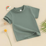 Tsseiatte 3-Pack Toddler Baby Boy Girl Short Sleeve Crew Neck T Shirt Pullover Shirts Summer Basic Tees Solid Casual Clothes (A-Beige Blue Green, 18-24 Months)