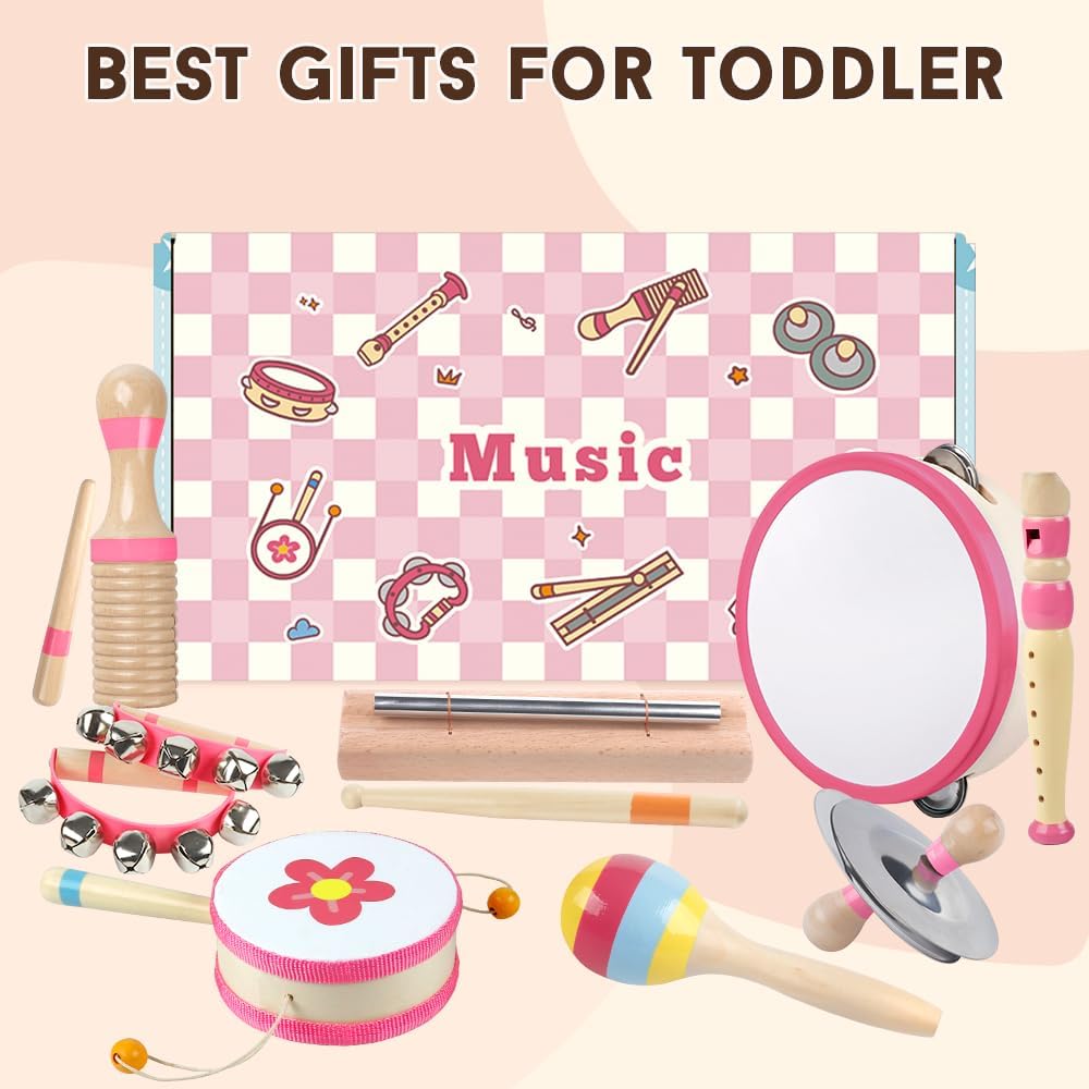 Toddlers Musical Instruments for 1 2 3 Year Old Girls,Baby Montessori Wooden Musical Toys for Toddlers 1-3 Year Old,Kids Musical Toy for Preschool,Christmas Birthday Gift for Baby Girls (Pink 8 in 1)