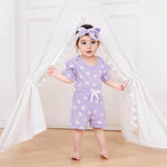 FOCUSNORM Newborn Infant Baby Girls Summer Outfit Ribbed Short Sleeve Romper + Floral Elastic Waist Shorts + Headband Sets (Flower Purple, 0-3 Months)