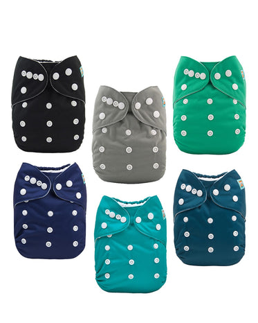 Set of six colorful cloth diapers with button closures on a white background