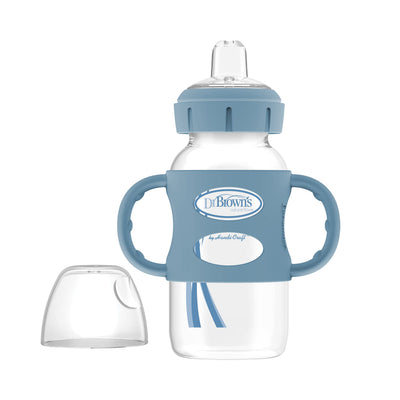 Dr. Brown's baby bottle with blue handles on a white background