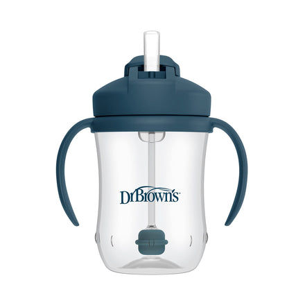 Dr. Brown's sippy cup with blue lid and handles on a white background