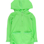RuffleButts Girls UPF50+ Sun Protective Ruched Quarter-Zip Cover-Up - Neon Honeydew, 3-6m