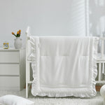 3 Pieces Crib Bedding Set Baby Ruffle Quilted Comforter with Fitted Sheet and Pillowcase - Cute Ruffled Shabby Chic Bedding Soft Blanket Design White
