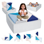 Tangram Puzzles modular kids play couch building fort, Children explorer sofa with Ball Pit, Kids playroom convertible furniture for Inspiring Child Creativity, Made entirely of sponge (Blue Series)