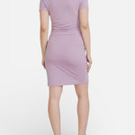 Motherhood Maternity Women's V-Neck Short Sleeve Side Ruched Bodycon Mini Pregnancy Dress, Shrinking Violet, Medium