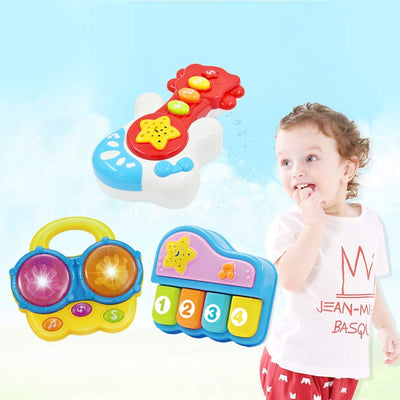 Portable Set of 3 Baby Music Toys (Piano, Bongo Drums, Guitar) - Music Learning and Entertainment for Ages 6 Months to 4 Years. Includes All 6 Batteries. Press Any Key Auto On for Babies.