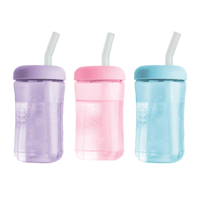 Three pastel-colored cups with lids and straws on a white background