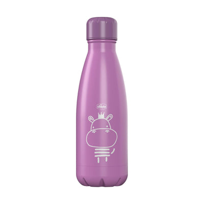 Purple water bottle with a hippo design on a white background