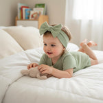 FOCUSNORM Baby Girl Summer Clothes Ribbed Short Sleeve Romper Solid Color Bodysuits Bow Headband Outfit Newborn Girl Jumpsuit (Pea Green, 0-3 Months)