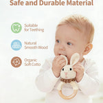 Baby Rattle Toys, Handcrafted Crochet Bunny Rattles with Wooden Teething Ring, Organic Newborn Toy Crochet Stuffed Animal Rattle Baby Announcement Ideas, Beige