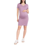 Motherhood Maternity Women's V-Neck Short Sleeve Side Ruched Bodycon Mini Pregnancy Dress, Shrinking Violet, Medium