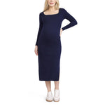 Motherhood Maternity Women's Long Sleeve Ribbed Square Neck Bodycon Casual Pregnancy Dress, Peacoat, Large