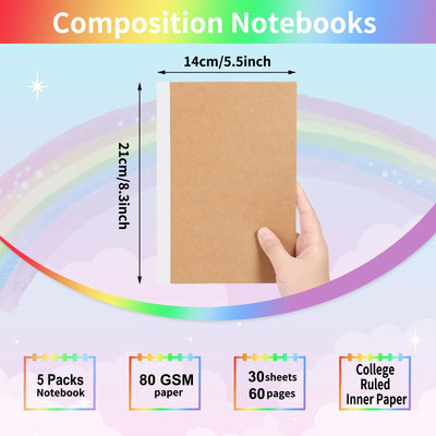 EOOUT 5 Pack A5 Composition Notebook, Kraft Lined Journal Bulk with Pink Spine, 5 Colors, 60 Pages for Women Girls Kids, School Office Supplies