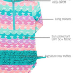 RuffleButts Baby Girls UPF 50+ Sun Protection Novelty Print Long Sleeve One Piece Rash Guard Swimsuit with Zipper - Mermaid/Aqua, 6-12m