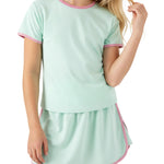 PATPAT Girls 2 Piece Outfits Size 7-8 Years, Green Pink Color Block Tshirts and Skorts Clothing Sets, Girls Summer Outfits, Trendy Clothes Skirt Sets Summer Clothes Lounge Sets