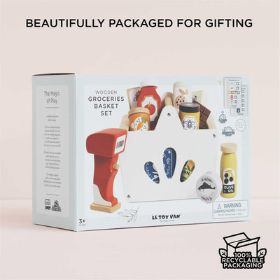 Le Toy Van - Wooden Groceries Toy Play Set & Wooden Scanner for Shopping Role Play | Supermarket Pretend Play Shop with Toy Food