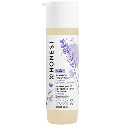 Honest Company shampoo and body wash bottle with lavender design on a white background