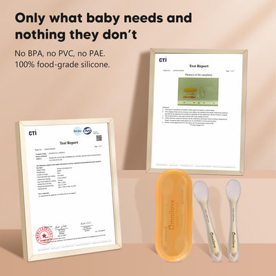 Baby utensils with test reports and certification on a beige background