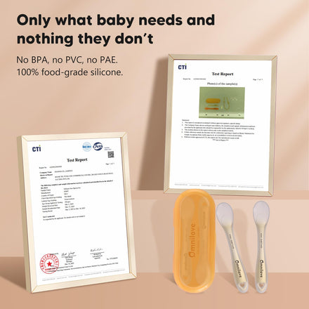 Baby utensils with test reports and certification on a beige background