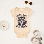 MODNTOGA Infant Girl Boy Bodysuit Cute But Feral Raccoon Graphic Onesie Newborn Baby Animal Print Short Sleeve Romper Tops (Beige, 6-12 Months)