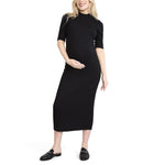 Motherhood Maternity Women's Elbow Sleeve Ribbed Mock Neck Maxi Pregnancy Dress, Black, Medium