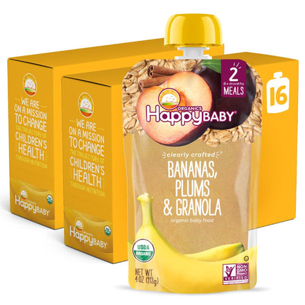 Happy Baby organic baby food package with bananas, plums, and granola on a white background