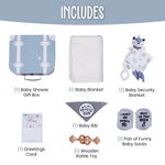 Baby Shower Gifts Set | 7 Pieces Baby Gift Box for Infant Boy or Girls 0-12 Months | Cute Baby Shower Gift' with Newborn Blanket, Security Blanket, Wooden Rattle Toy, Baby Bib and Socks, Greeting Card