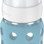 Lifefactory 8-Ounce Wide Neck Glass Baby Bottle with Protective Silicone Sleeve and Hard Sippy Spout, Denim (LG2221WDE4)