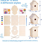 Neliblu DIY 12 Wooden Bird House Kits - Creative Arts and Crafts Set for Kids and Adults - Unfinished Wood Birdhouses with Paint Strips, Brushes, Stickers and Strings - 3 Unique Shapes, 2 Sizes