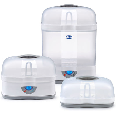 Three white baby bottle warmers with visible brand logo on a white background