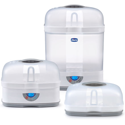 Three white baby bottle warmers with visible brand logo on a white background