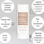 Baby Powder Talc-Free, Real Vanilla Amber Natural Scent, Cornstarch Free Arrowroot and Clay Based Powder, 2.5 oz
