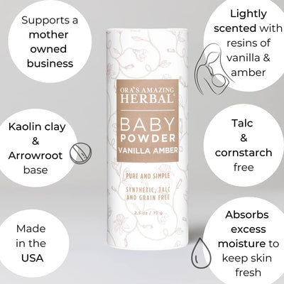 Baby Powder Talc-Free, Real Vanilla Amber Natural Scent, Cornstarch Free Arrowroot and Clay Based Powder, 2.5 oz