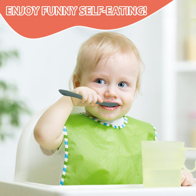 Child in a high chair with a green bib eating from a spoon, with text 'Enjoy funny self-eating!' at the top.
