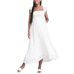 Motherhood Maternity Sleeveless Ruffle Shoulder Smocked Maxi Pregnancy Dress, White Clip Dot, Small