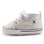 KKIIDDSS Unisex Baby Girls Boys Canvas High-top Shoes, Newborn Infant Anti-Slip Soft Sole Frist Walking Sneakers (B02/Sequin Beige,12-18 Months)