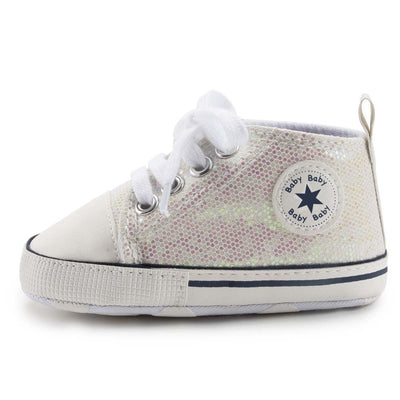 KKIIDDSS Unisex Baby Girls Boys Canvas High-top Shoes, Newborn Infant Anti-Slip Soft Sole Frist Walking Sneakers (B02/Sequin Beige,12-18 Months)