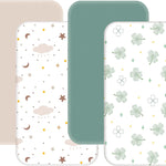 4 Pack Mini Crib Sheets Fitted - 38"x26" Pack and Play Sheets for Playard Mattress, Portable Mini Crib | Soft & Skin Friendly Pack N Play Sheets for Boys Girls (Clover & Moon Star)