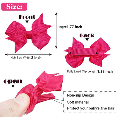 2" Baby Hair Clips Fully Lined Bows Tiny Alligator Clips for Infants and Toddlers in Pairs