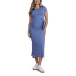 Motherhood Maternity Women's Short Sleeve Crew Neck Side Tie Detail Midi Casual Pregnancy Dress, Moonlight Blue, Large