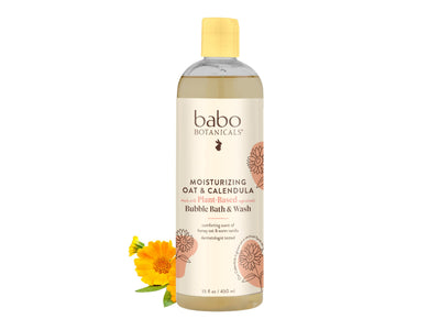 Babo Botanicals moisturizing oat and calendula bubble bath and wash bottle on a white background